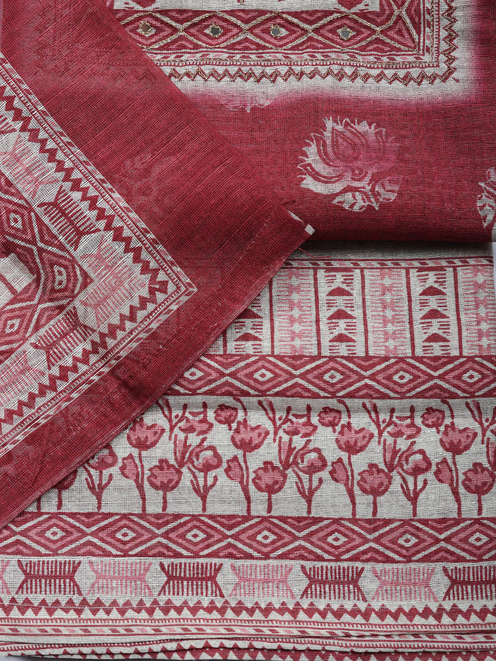 Embroidered Cotton Blend Unstitched Suit With Pant &amp; Dupatta