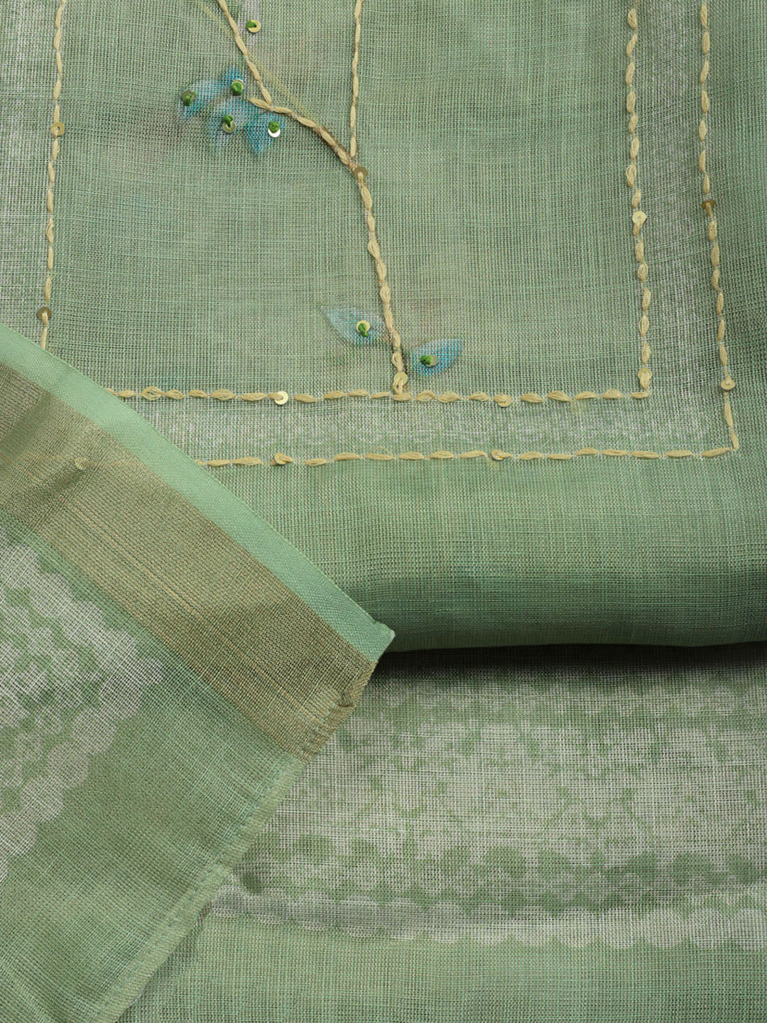 Printed Linen Blend Unstitched Suit With Pant &amp; Dupatta