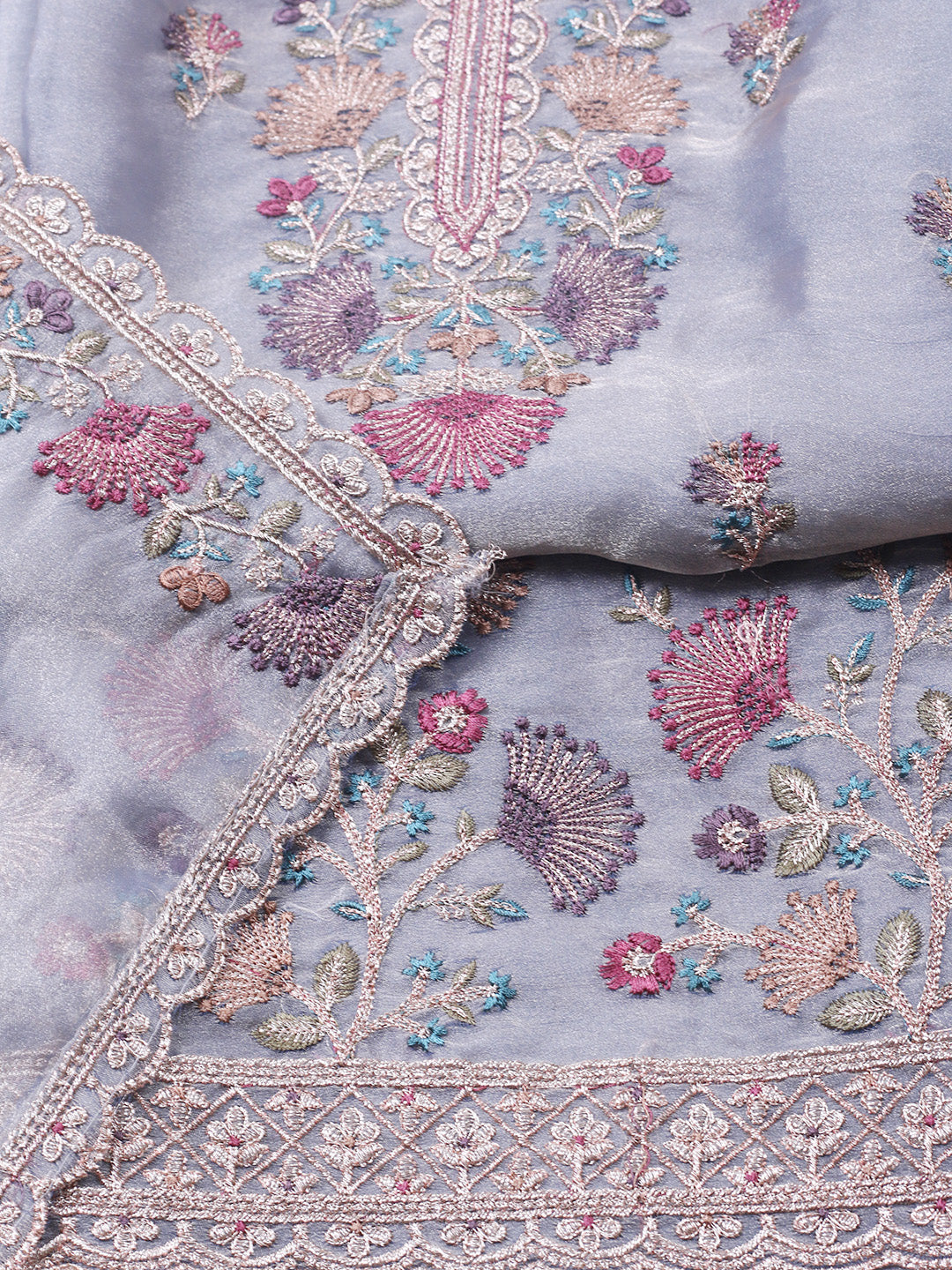 Embroidered Organza Unstitched Suit With Pant &amp; Dupatta