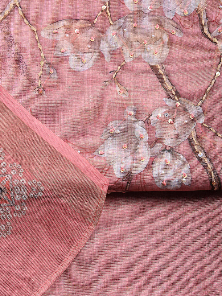 Printed Linen Blend Unstitched Suit With Pant &amp; Dupatta