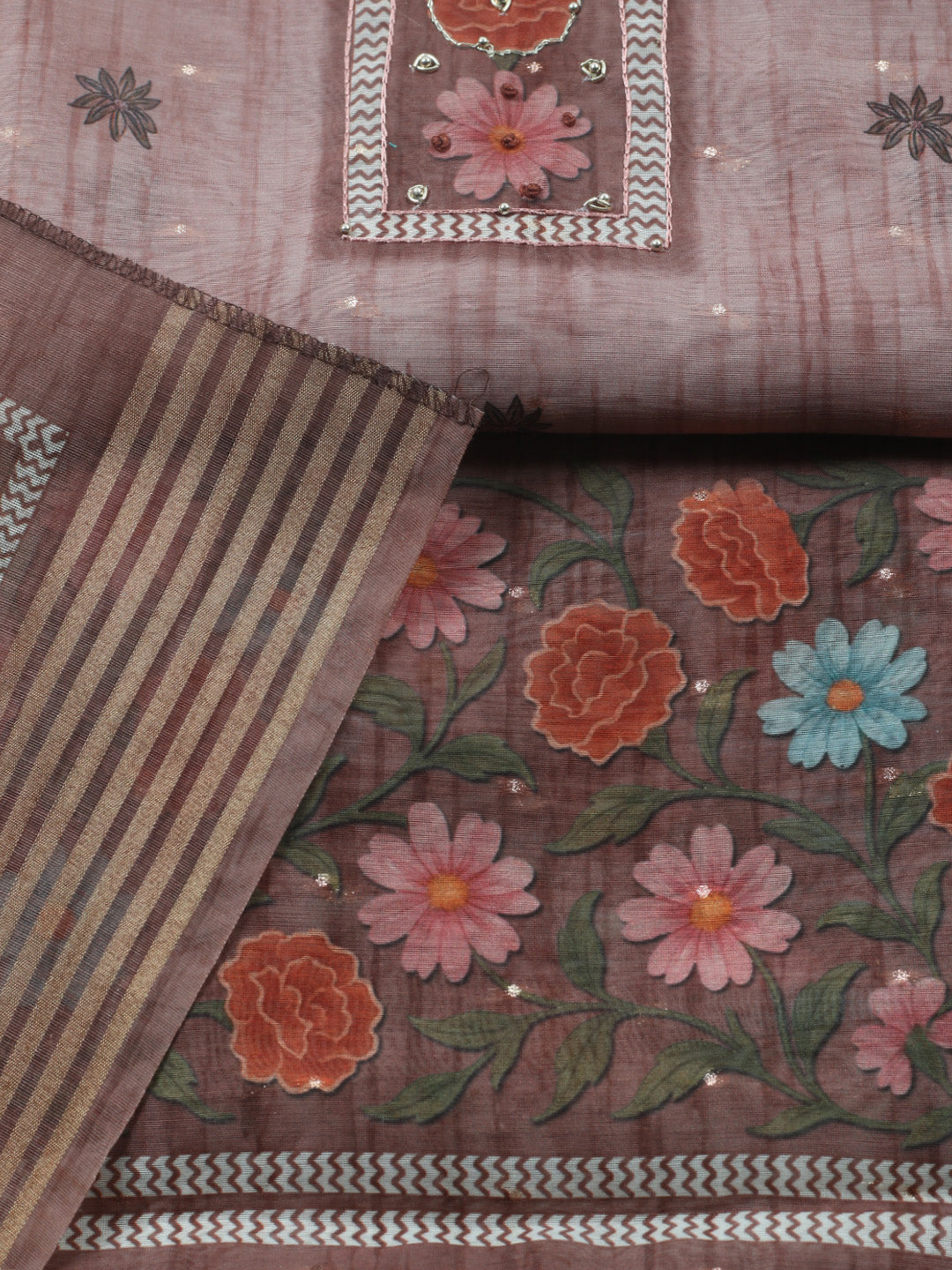 Embroidered Cotton Blend Unstitched Suit With Pant &amp; Dupatta