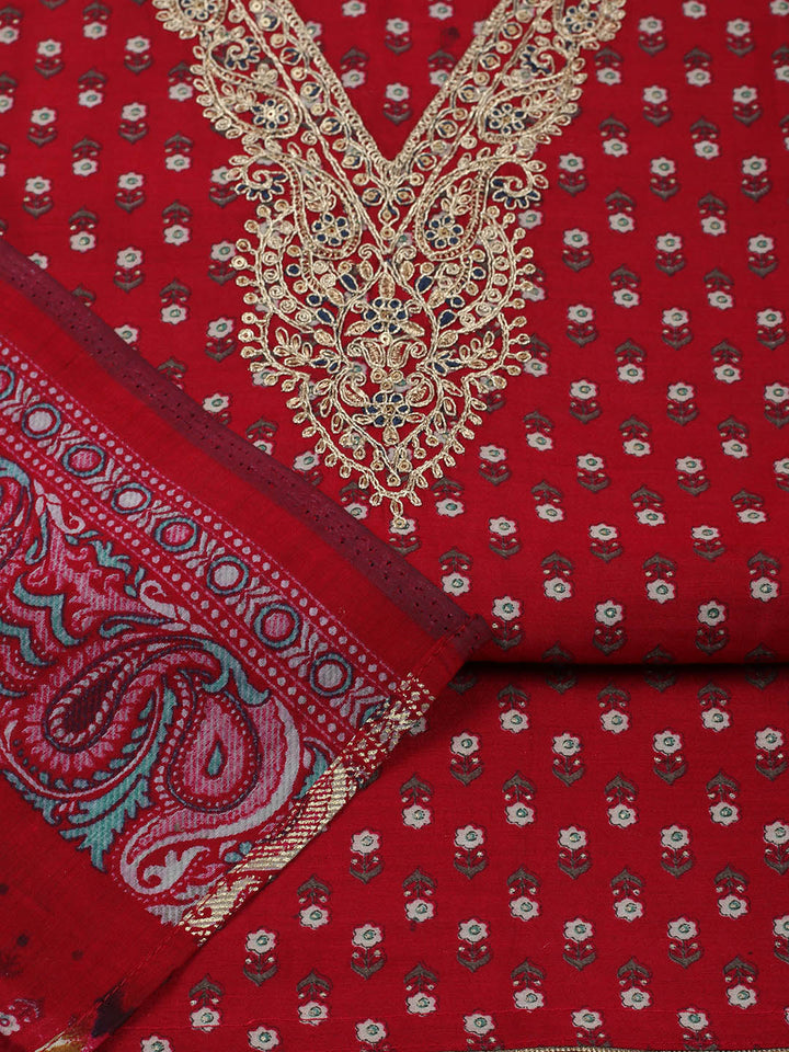 Embroidered Cotton Blend Unstitched Suit With Pant &amp; Dupatta