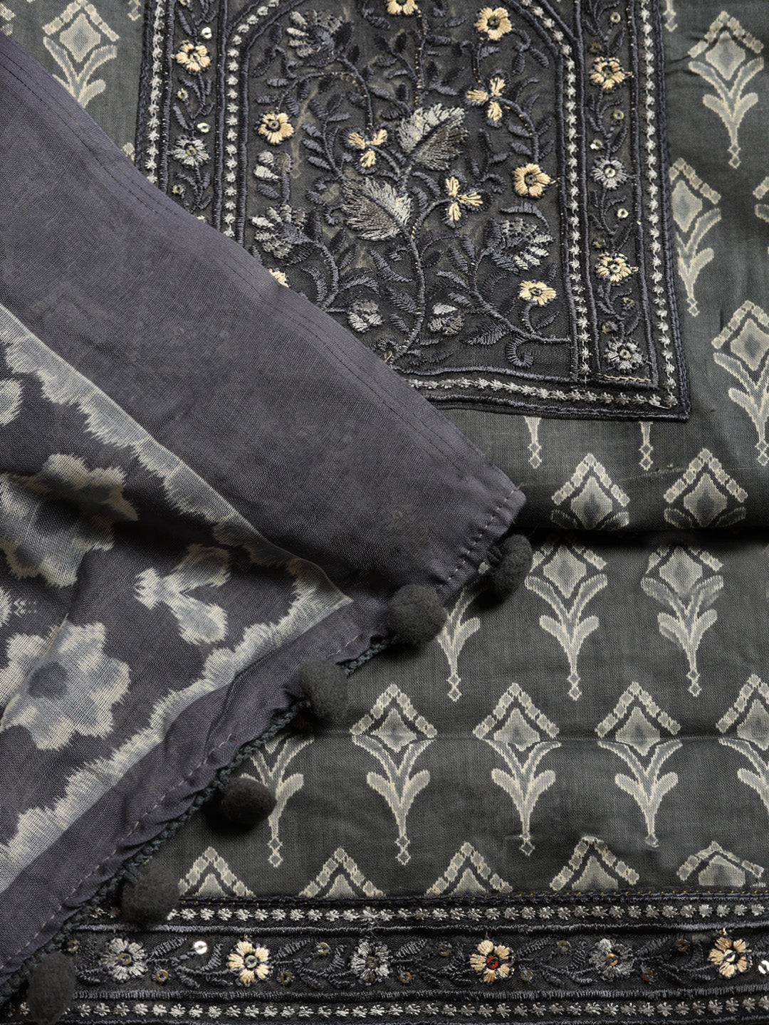 Printed Cotton Blend Unstitched Suit With Pant &amp; Dupatta