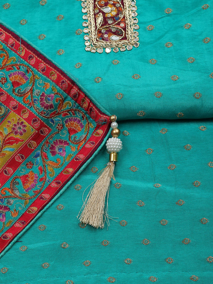 Embroidered Chanderi Unstitched Suit With Pant &amp; Dupatta