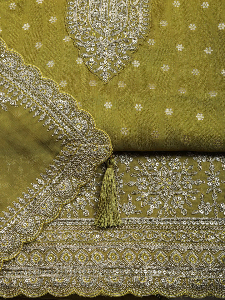 Embroidered Art Silk Unstitched Suit With Pant &amp; Dupatta