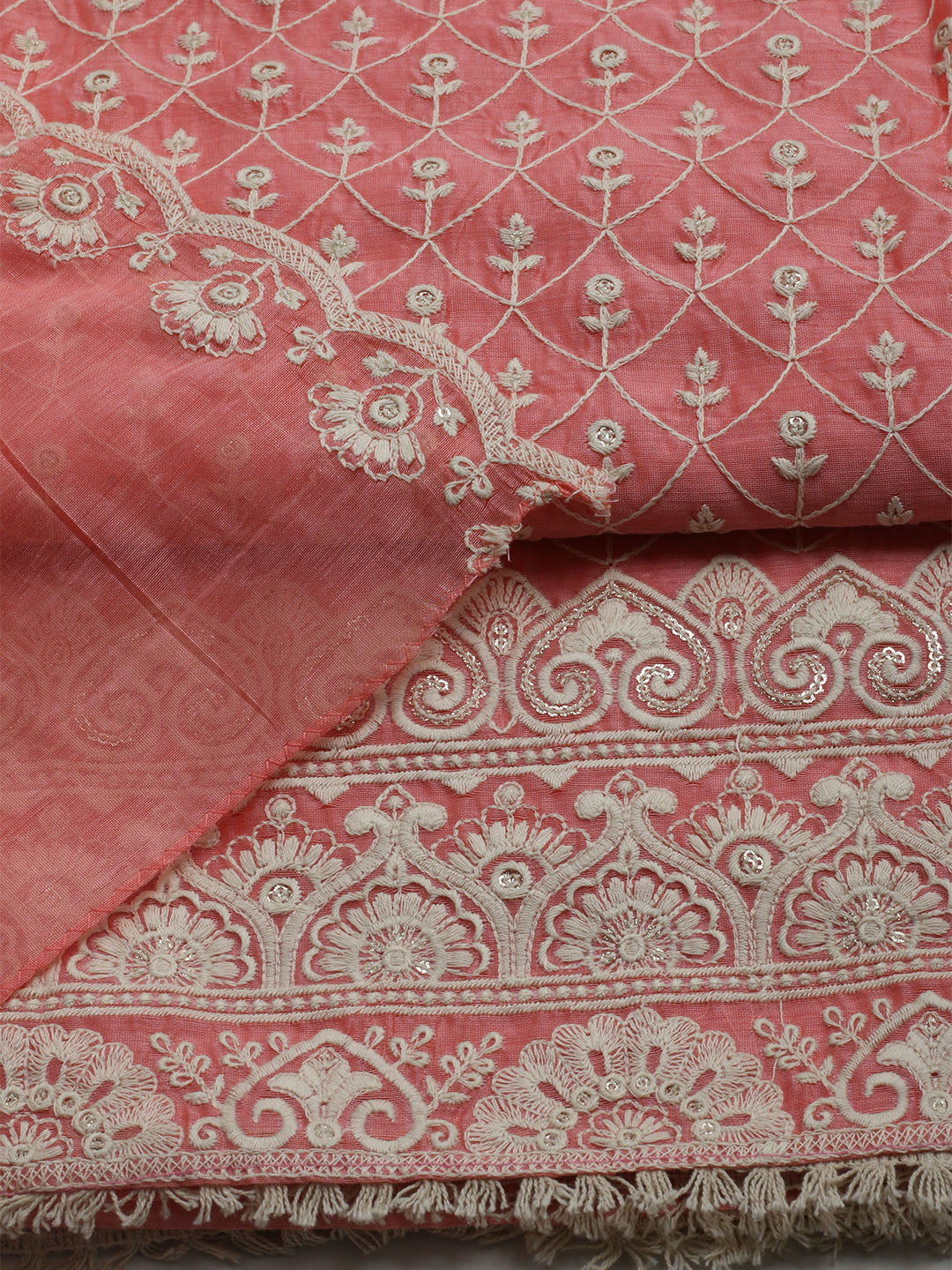 Embroidered Chanderi Unstitched Kurta With Pant & Dupatta