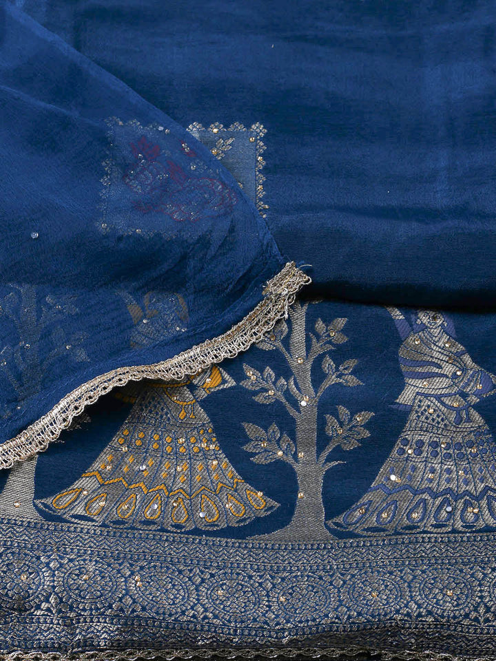 Woven Design Chanderi Unstitched Suit With Pant &amp; Dupatta