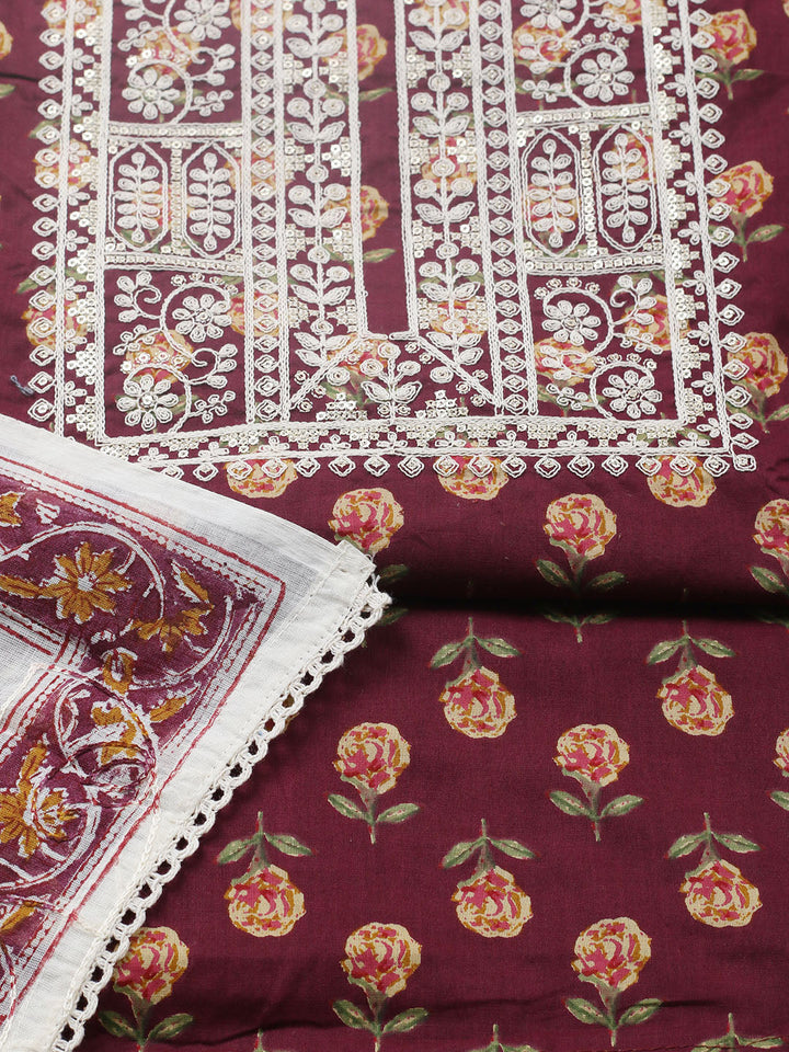 Printed Cotton Blend Unstitched Suit With Pant &amp; Dupatta