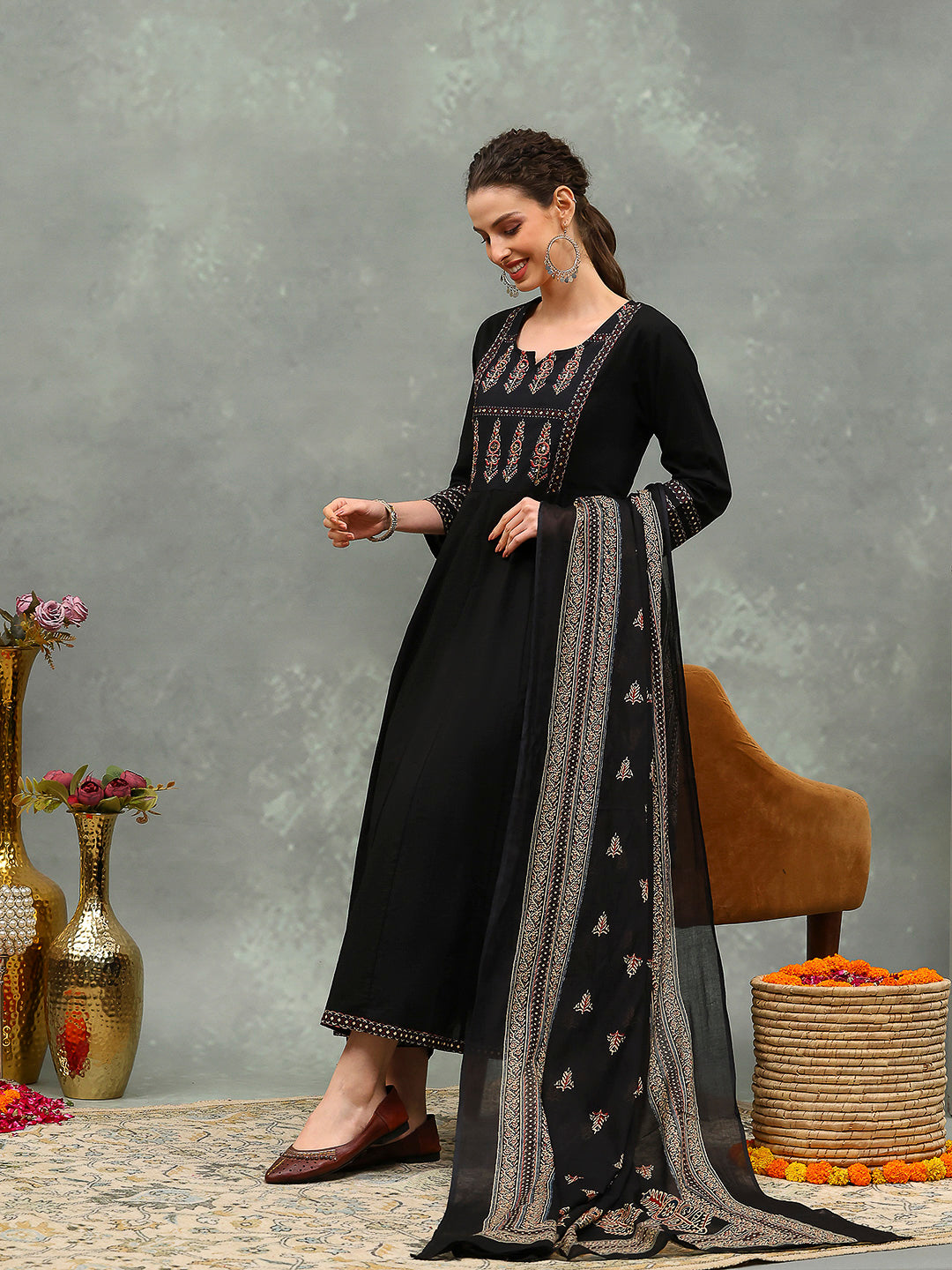 Embroidered Cotton Kurta With Pants &amp; Dupatta