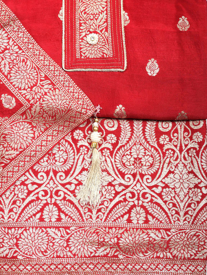 Embroidered Chanderi Unstitched Suit With Pant &amp; Dupatta
