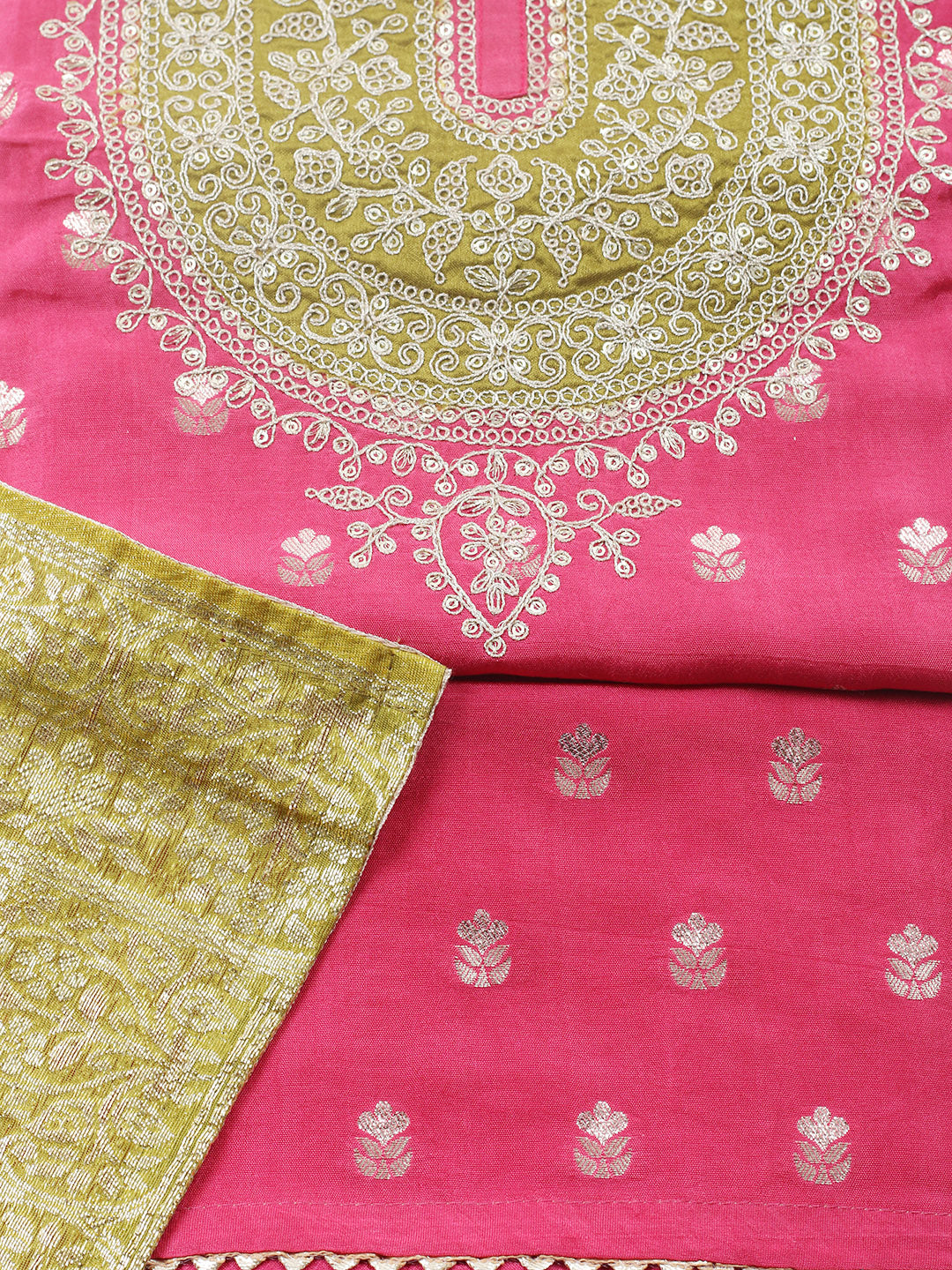 Embroidered Chanderi Unstitched Suit With Pant &amp; Dupatta
