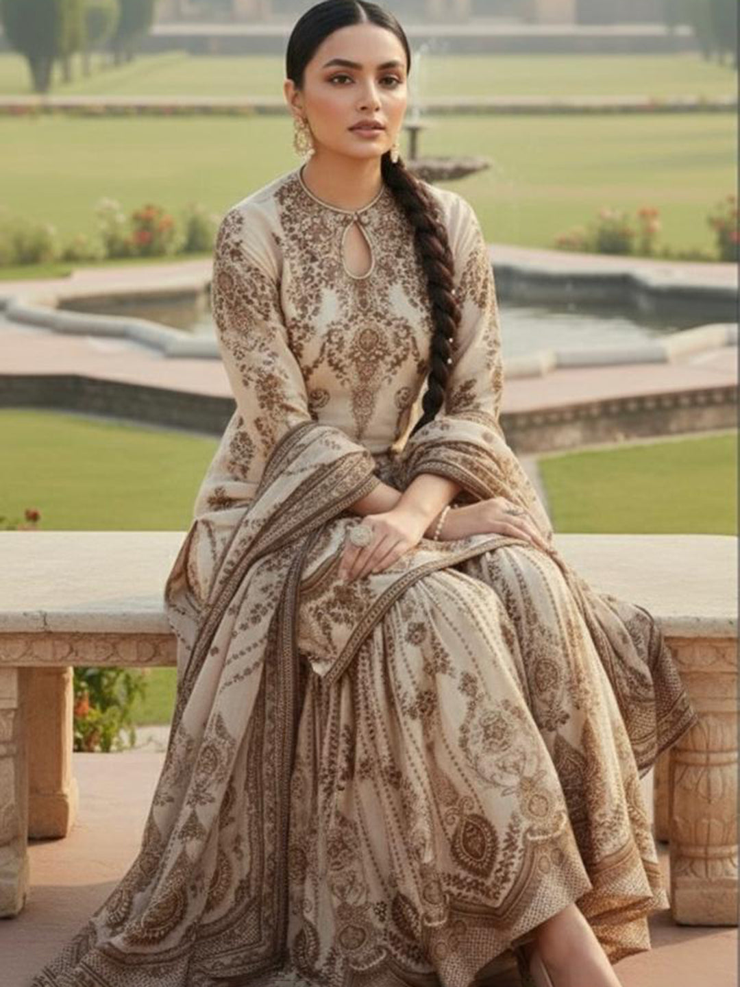 Embroidered Muslin Kurta With Gharara &amp; Dupatta