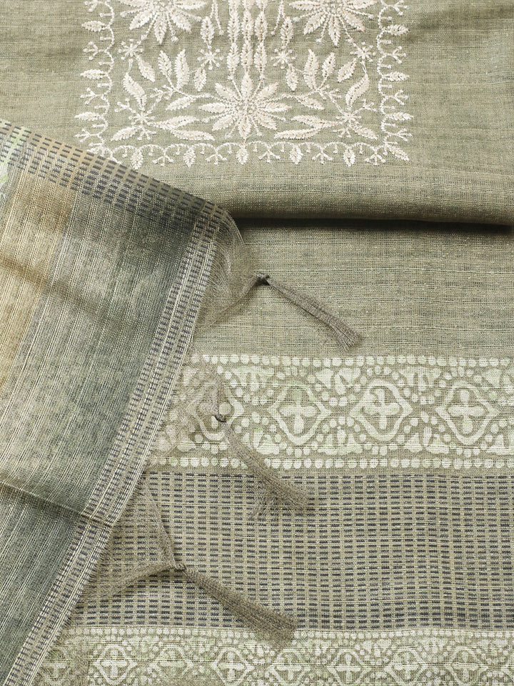 Embroidered Chanderi Unstitched Suit With Pant &amp; Dupatta