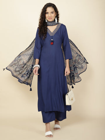 Plain Cotton Kurta With Pants & Dupatta