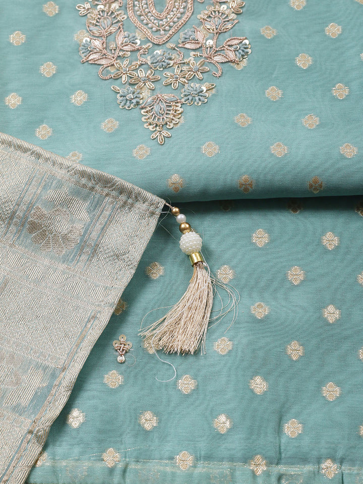 Embroidered Chanderi Unstitched Suit With Pant &amp; Dupatta
