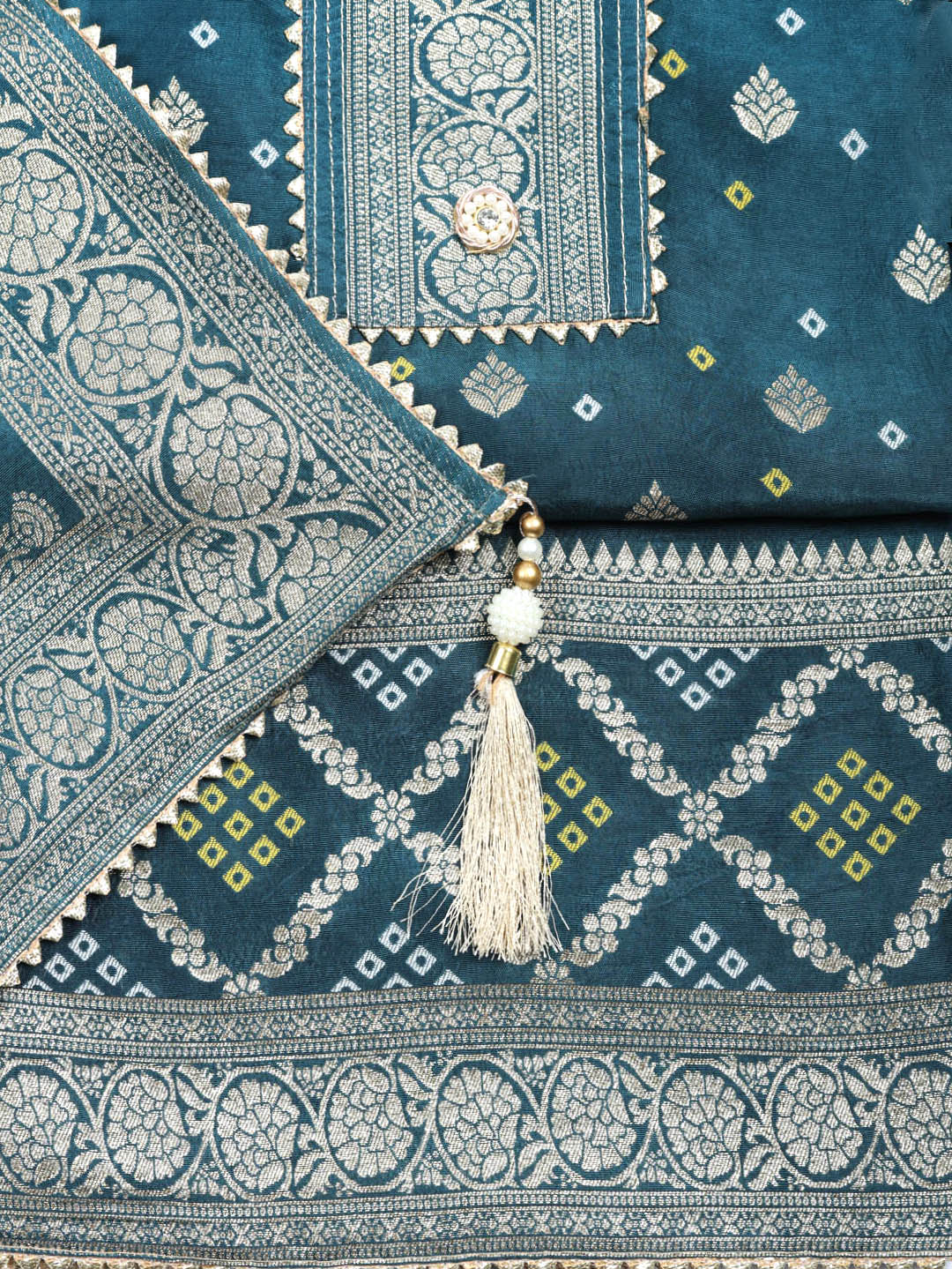 Embroidered Chanderi Unstitched Suit With Pant &amp; Dupatta