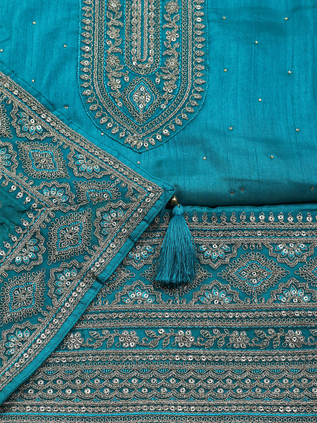 Neck Embroidered Chanderi Unstitched Suit With Dupatta