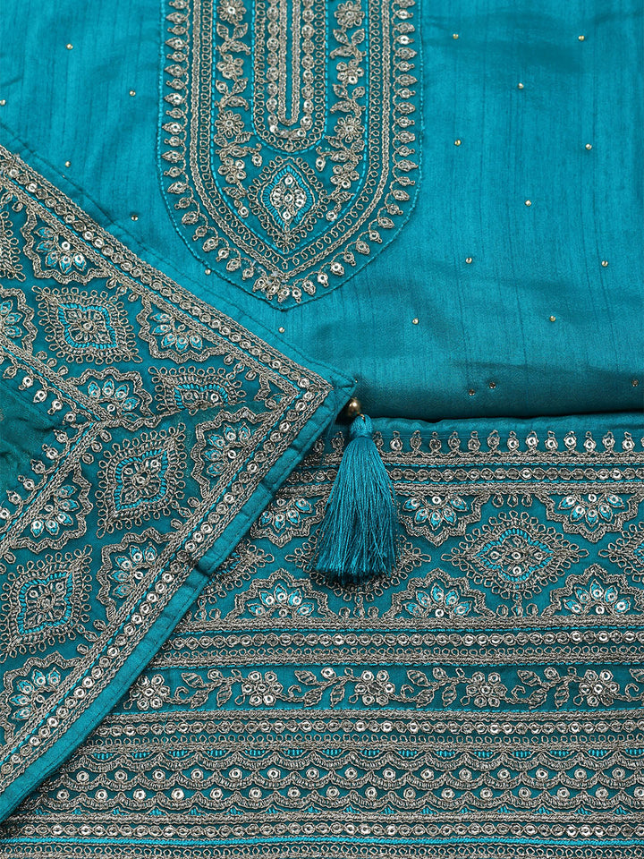 Neck Embroidered Chanderi Unstitched Suit With Dupatta