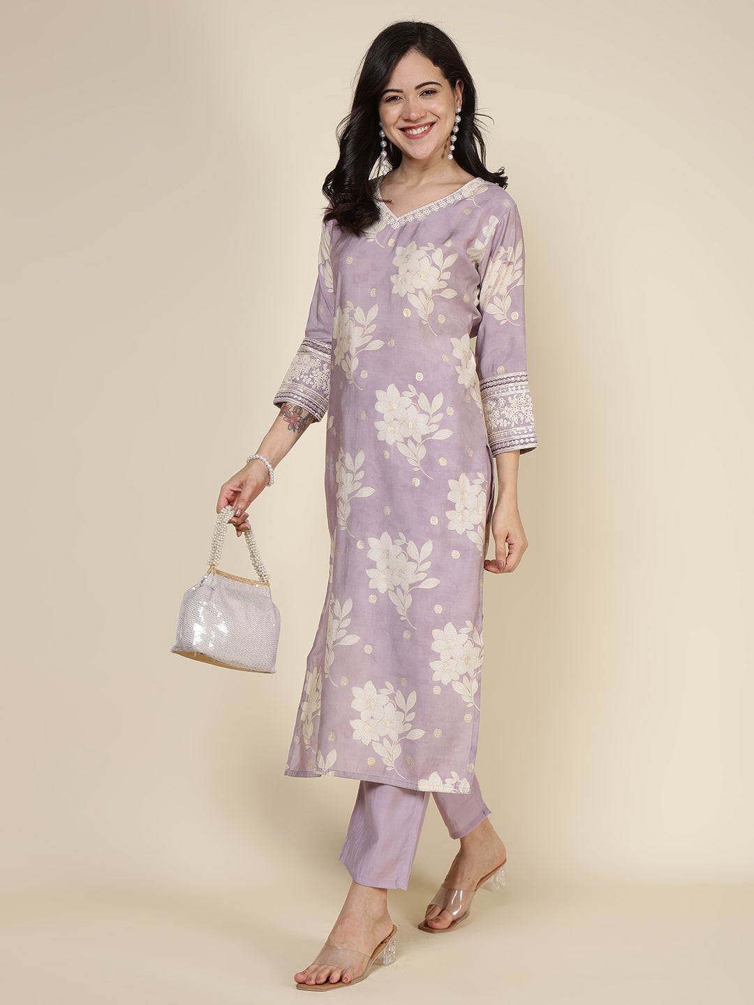 Plain Cotton Blend Kurta With Pants