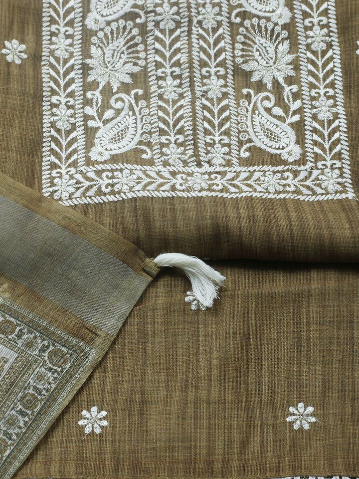 Embroidered Linen Blend Unstitched Suit With Pant &amp; Dupatta