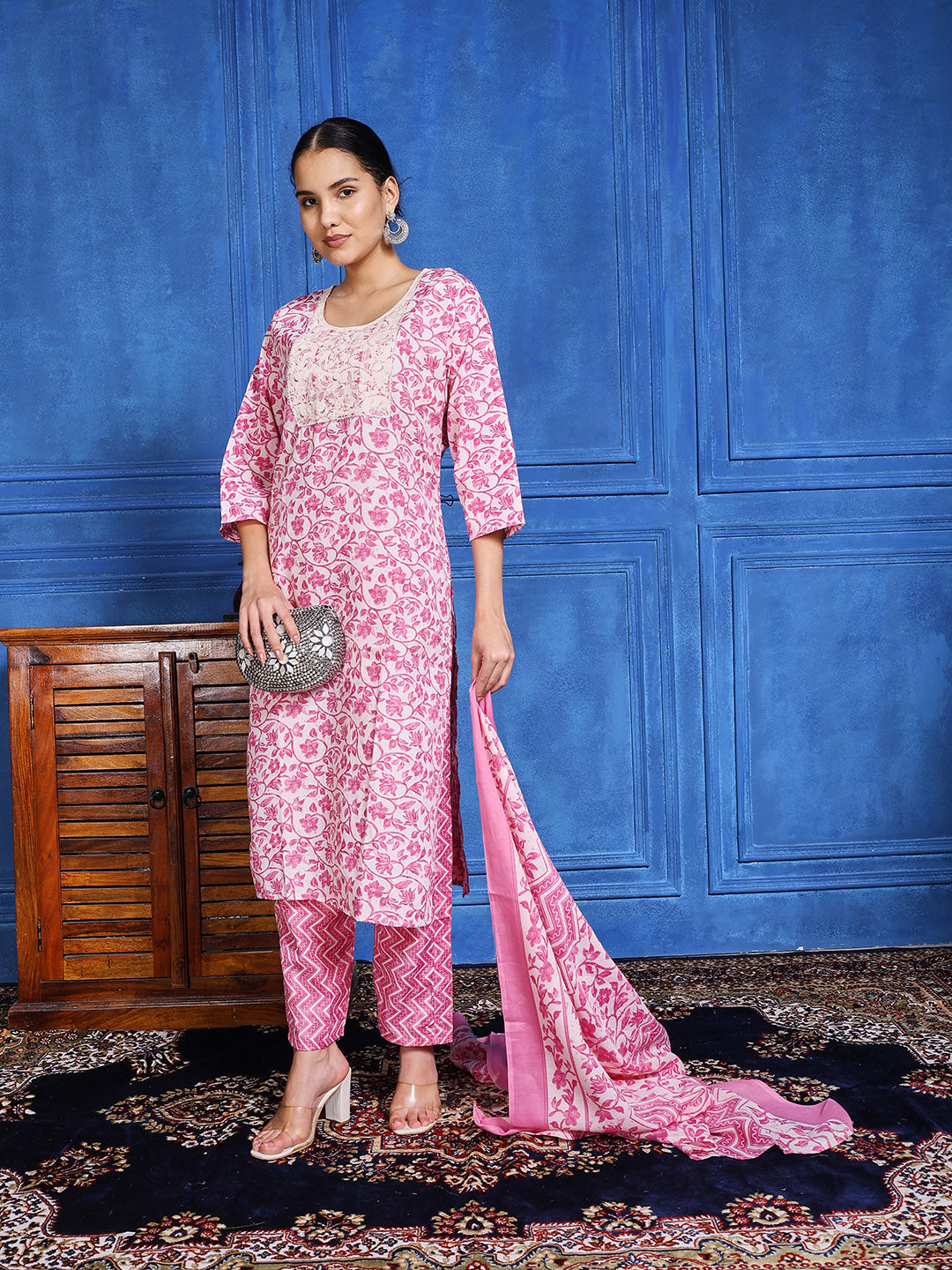 Printed Cotton Blend Kurta With Pants & Dupatta