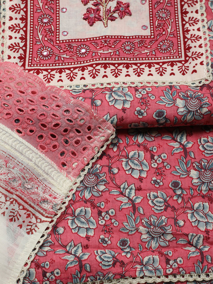 Printed Cotton Blend Unstitched Suit With Pant &amp; Dupatta