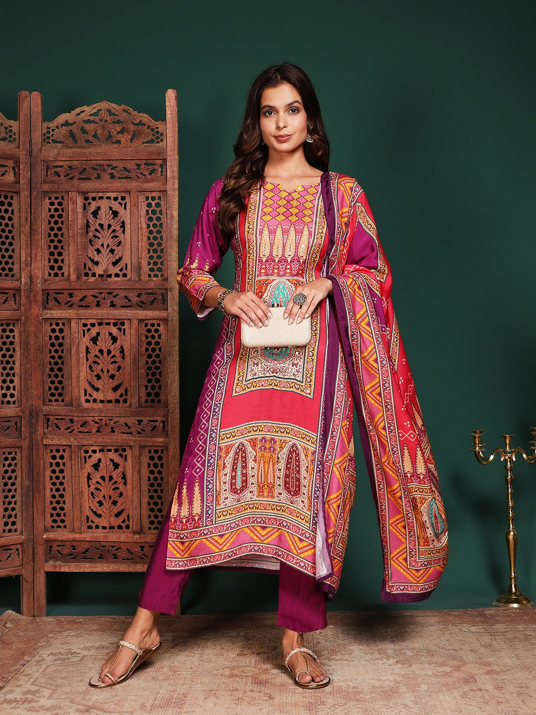 Floral Printed Art Silk Kurta With Pant &amp; Dupatta