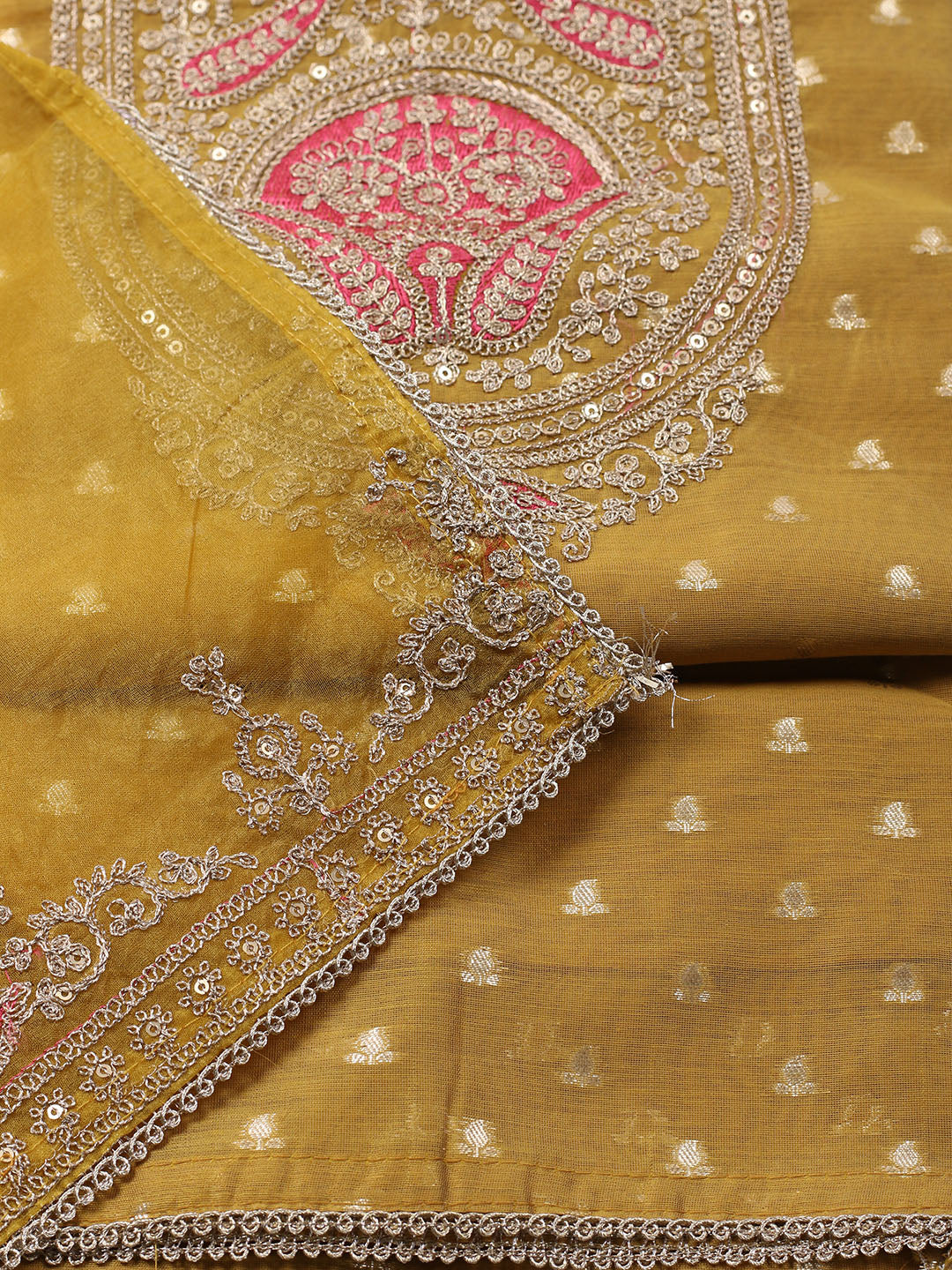 Neck Embroidered Chanderi Unstitched Suit With Dupatta