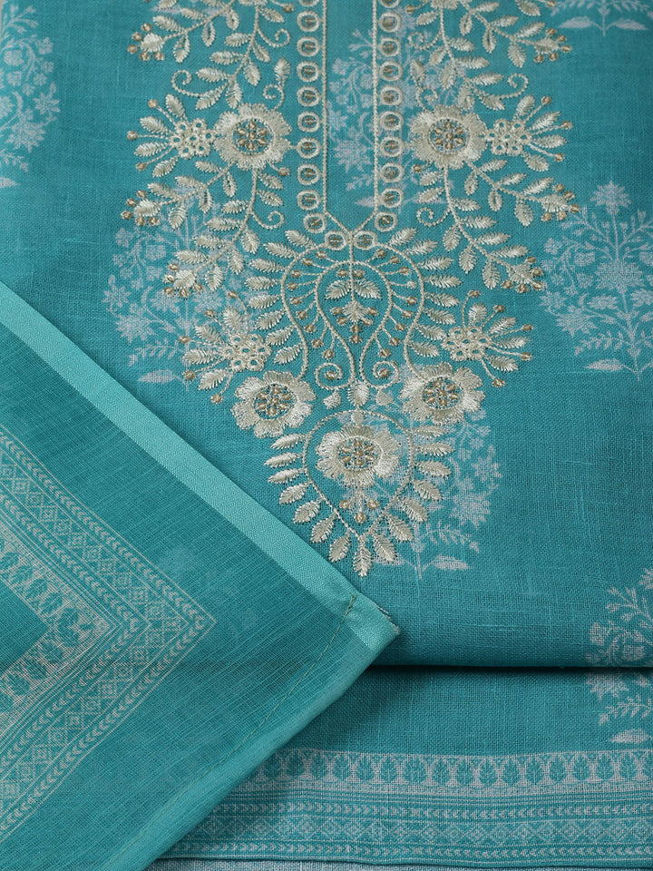 Embroidered Linen Blend Unstitched Suit With Pant &amp; Dupatta