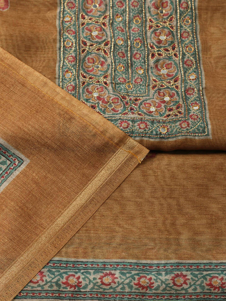 Printed Chanderi Unstitched Suit With Pant &amp; Dupatta