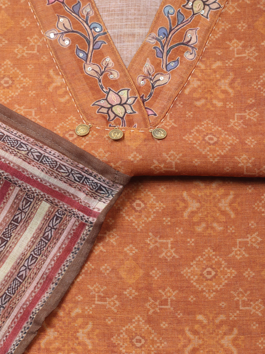 Embroidered Linen Blend Unstitched Suit With Pant &amp; Dupatta