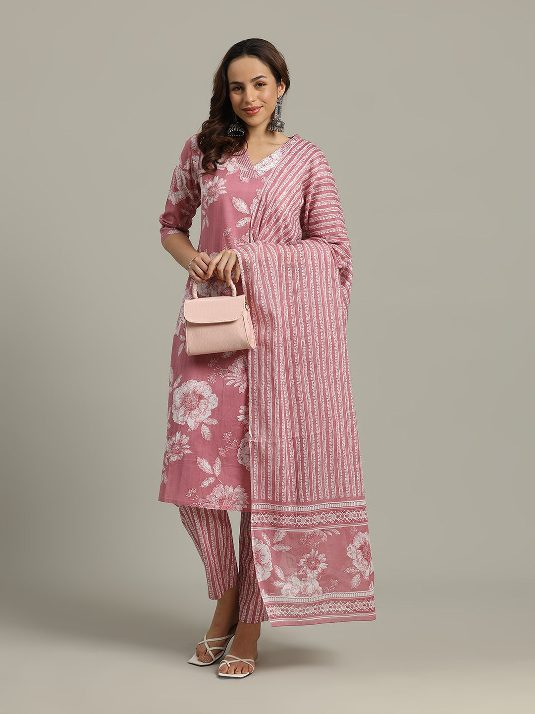Floral Parinted Cotton Blend Kurta With Pants &amp; Dupatta
