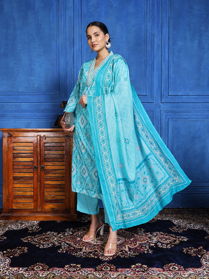 Printed Cotton Blend Kurta With Pants &amp; Dupatta