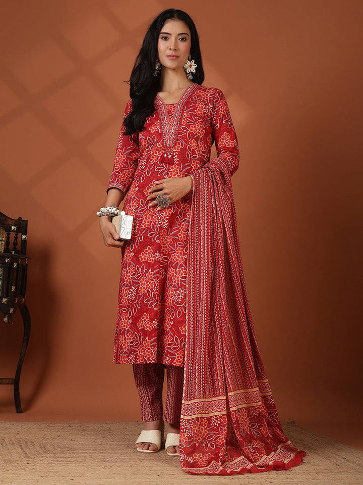 Printed Cotton Blend Kurta With Pant &amp; Dupatta