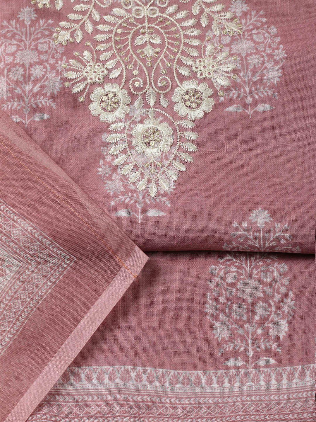 Embroidered Linen Blend Unstitched Suit With Pant &amp; Dupatta