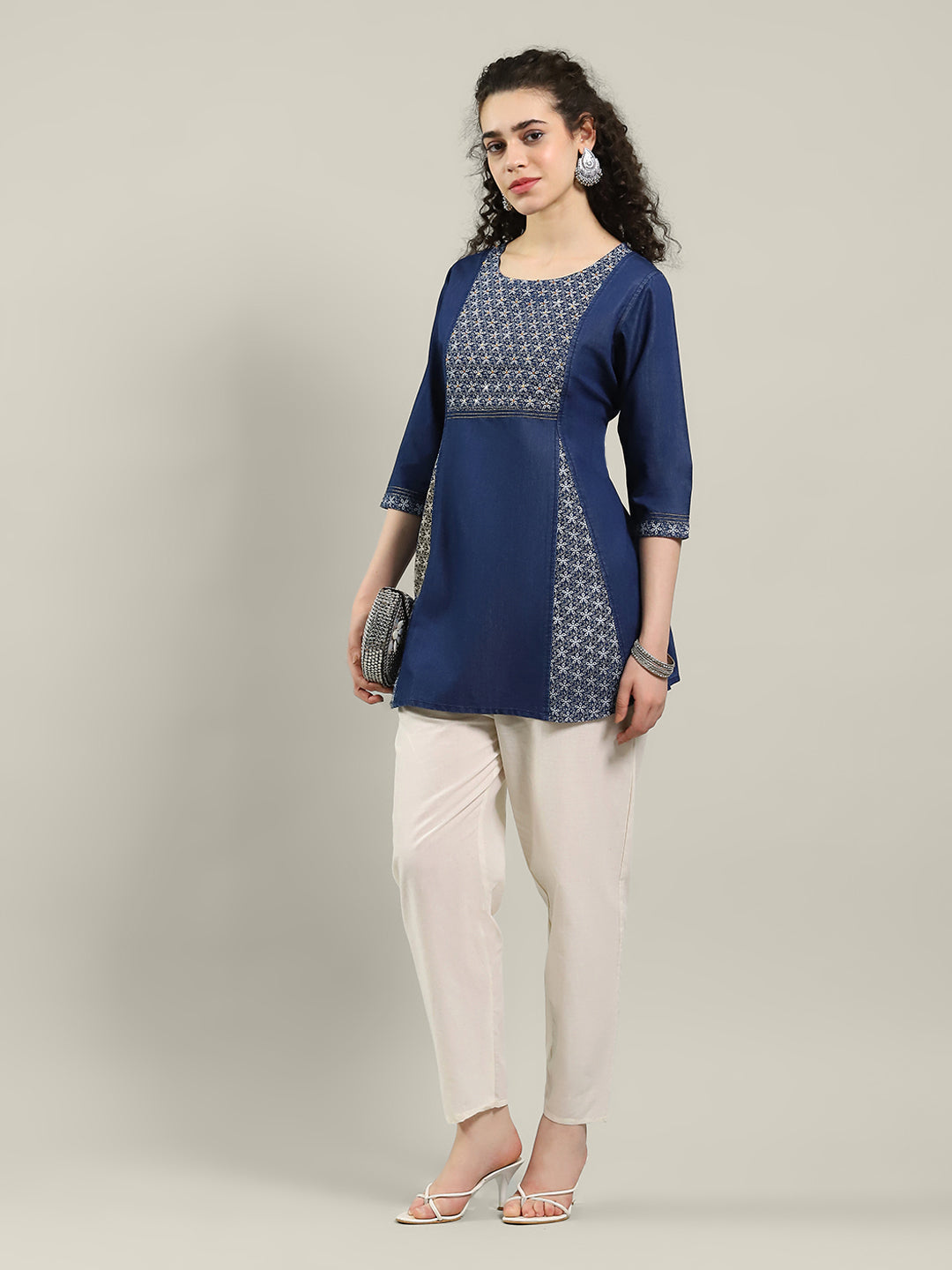 Neck Printed Denim Kurta