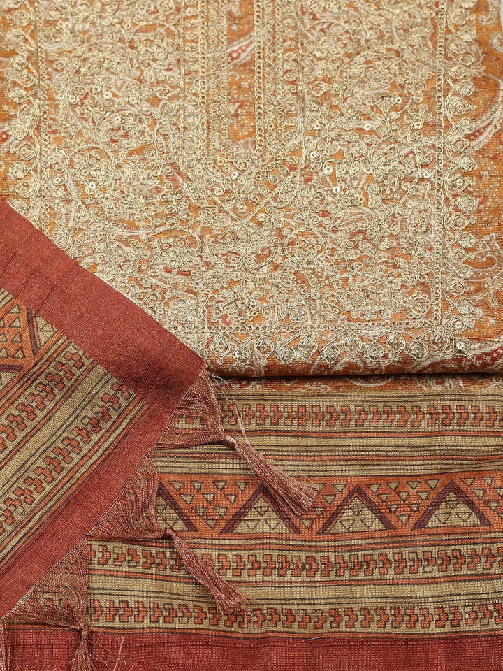 Embroidered Chanderi Unstitched Suit With Pant &amp; Dupatta