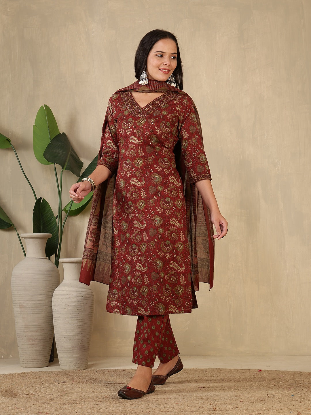 Printed Cotton Blend Suit With Pant &amp; Dupatta