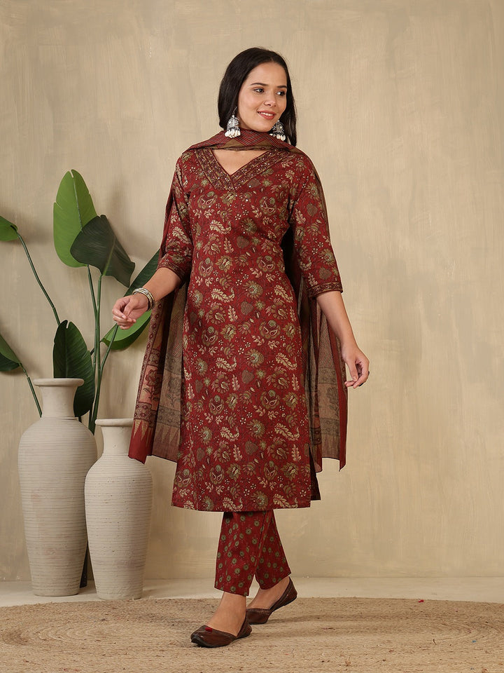 Printed Cotton Blend Suit With Pant &amp; Dupatta