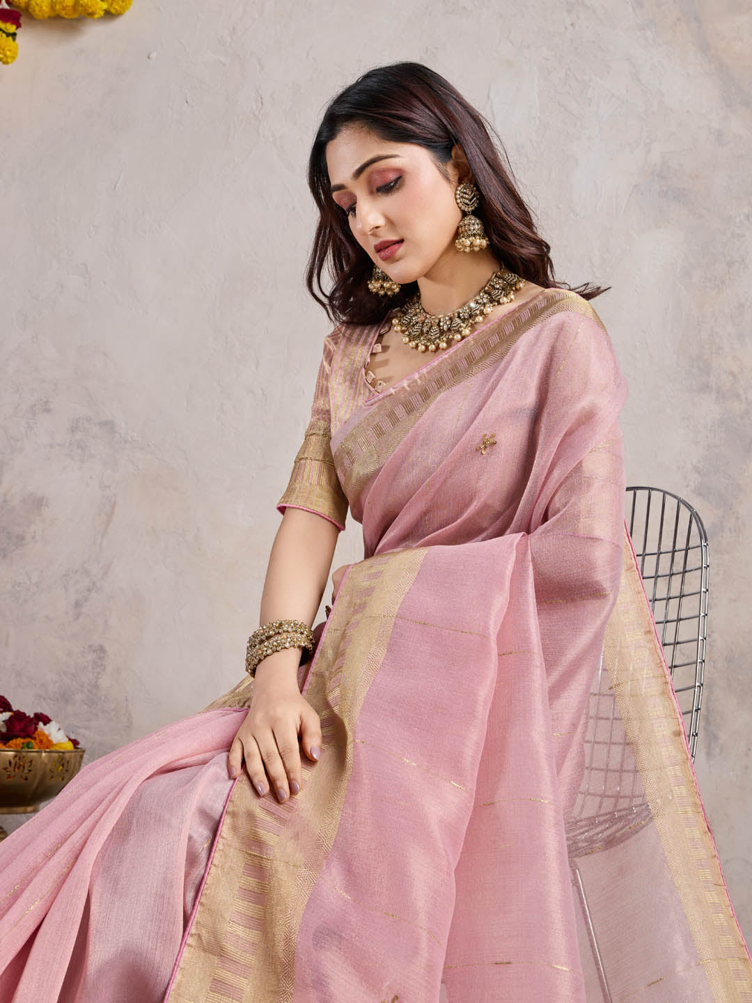 Gotta Patti Woven Border Linen Saree