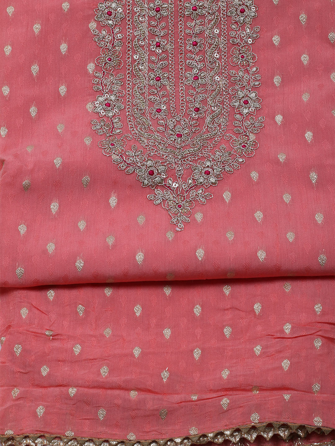 Neck Embroidered Chanderi Unstitched Suit With Dupatta