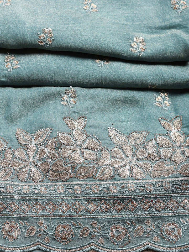 Embroidered Organza Unstitched Suit With Pant &amp; Dupatta