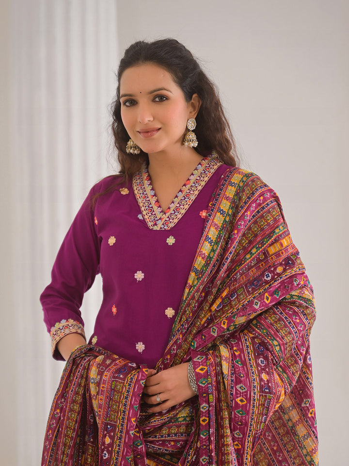 Neck Embroidery Cotton Blend Kurta With Pants &amp; Dupatta