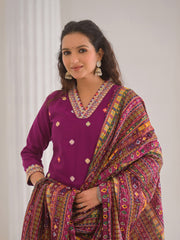 Neck Embroidery Cotton Blend Kurta With Pants & Dupatta