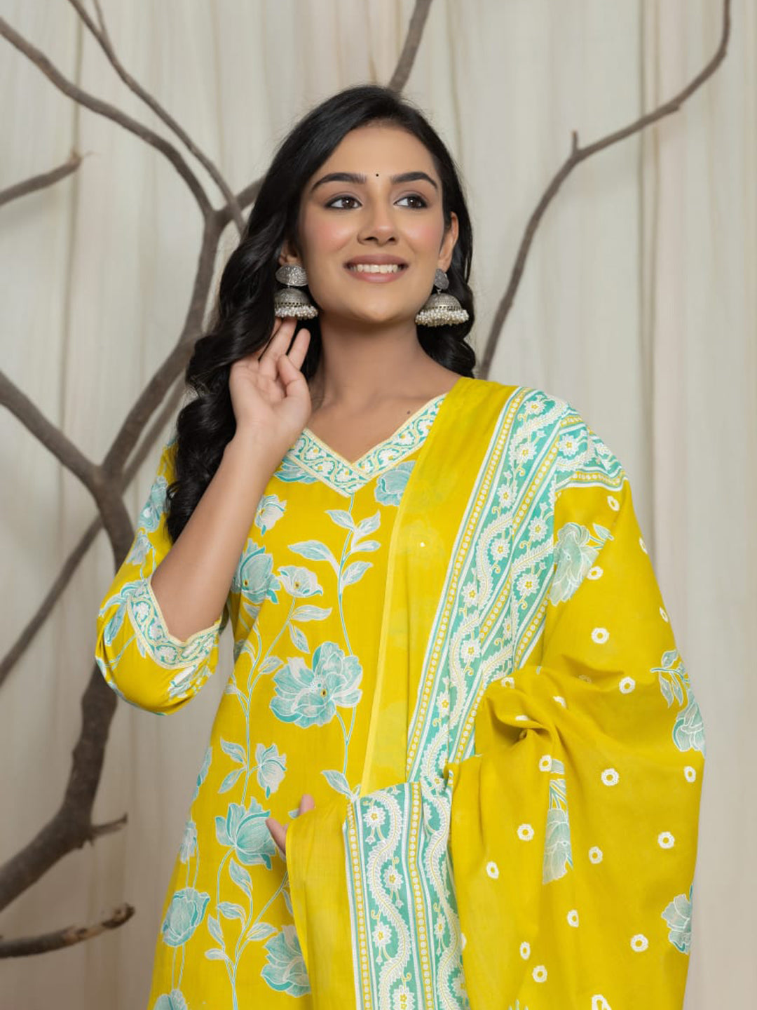 Printed Cotton Blend Kurta With Pants & Dupatta