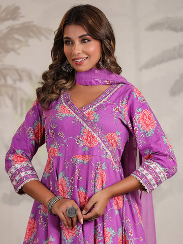 Floral Printed Cotton Blend Kurta With Pants & Dupatta