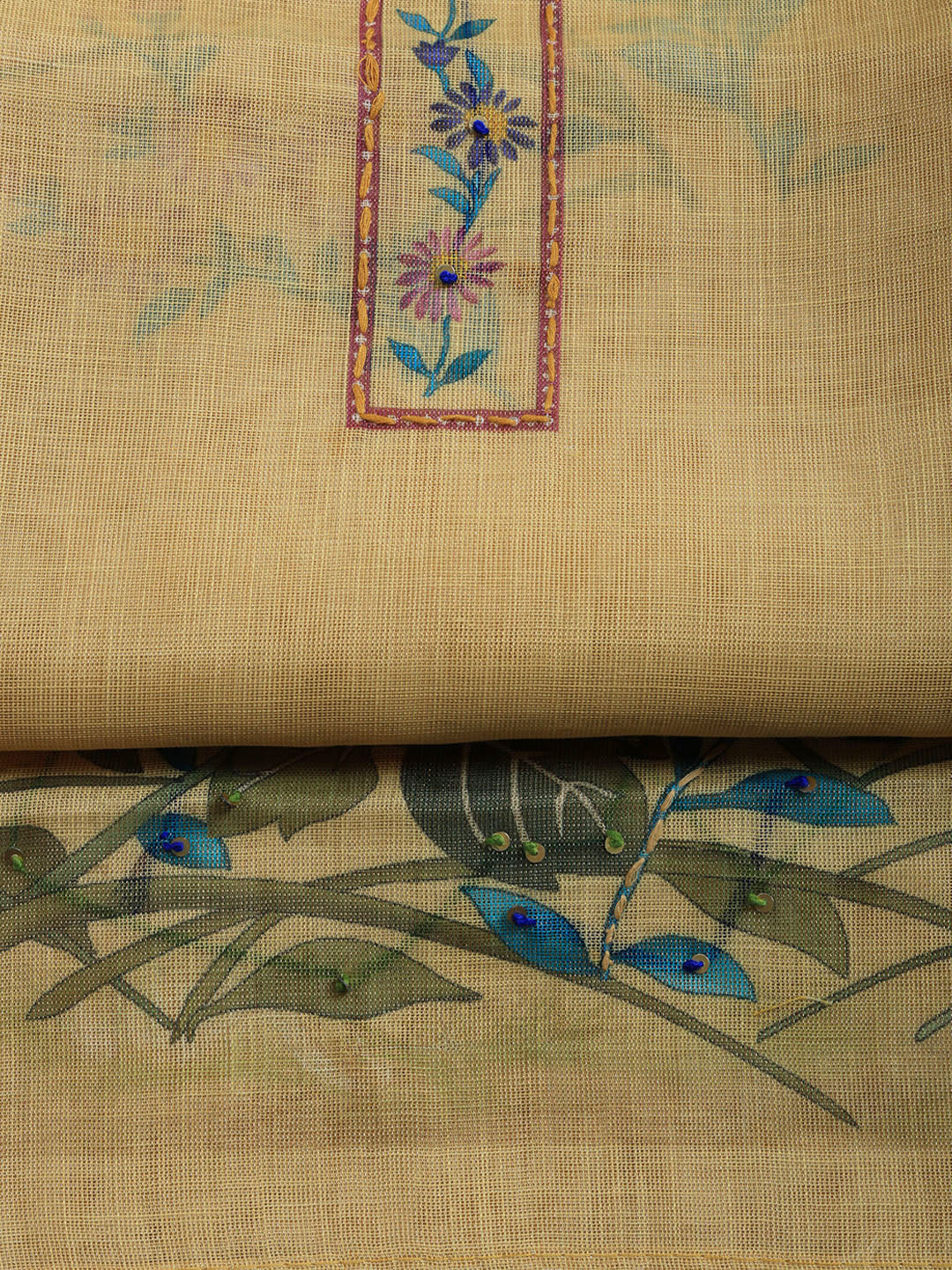 Printed Linen Blend Unstitched Suit With Pant &amp; Dupatta