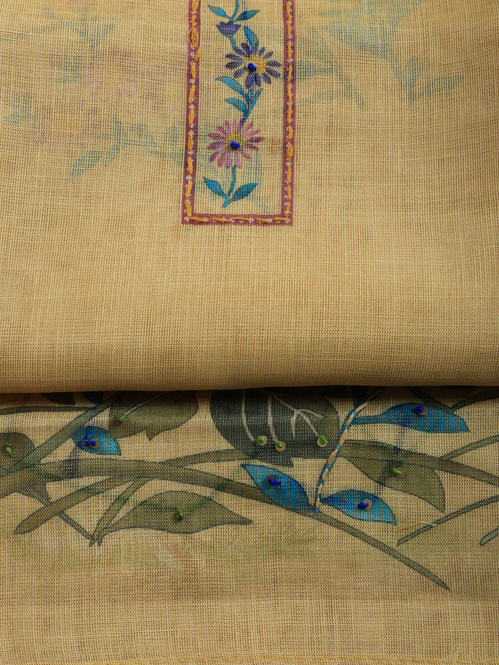 Printed Linen Blend Unstitched Suit With Pant &amp; Dupatta