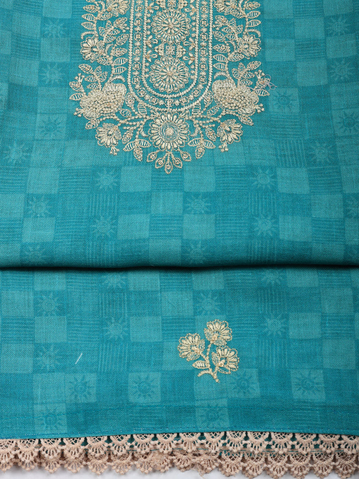 Embroidered Linen Blend Unstitched Suit With Pant &amp; Dupatta
