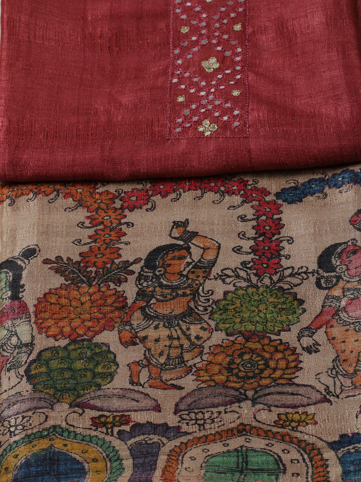 Embroidered Tussar Unstitched Suit With Pant &amp; Dupatta